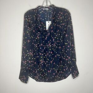 Untuckit Women’s Blouse Large Blue Floral Tie Neckline Long Sleeve New